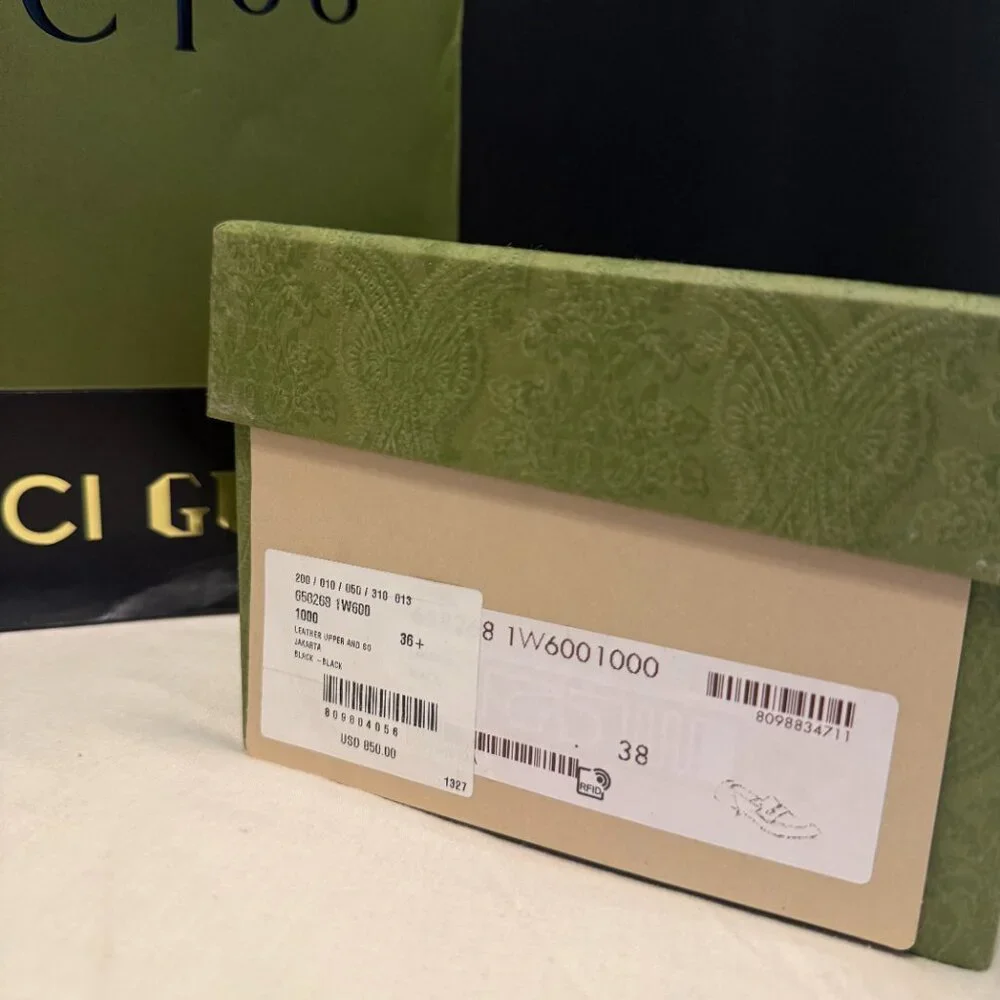 Gucci Jakarta Women Black Leather Loafer Shoes Gold GG Size 38- ORIGINAL PACKAGE - Picture 7 of 9